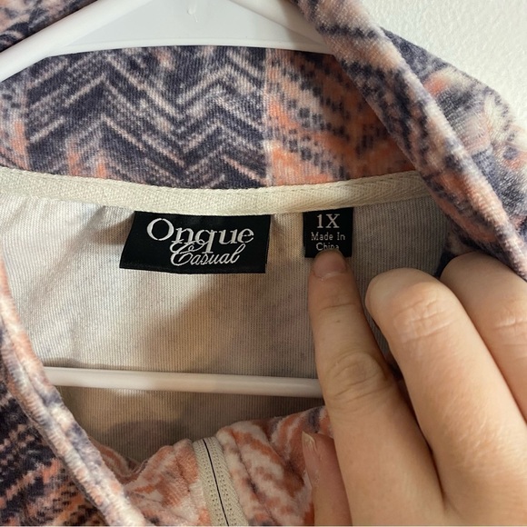 Onque Casual Fleece Jacket 1X Full Zip Pink Blue Chevron Houndstooth Sweatshirt - Picture 3 of 4